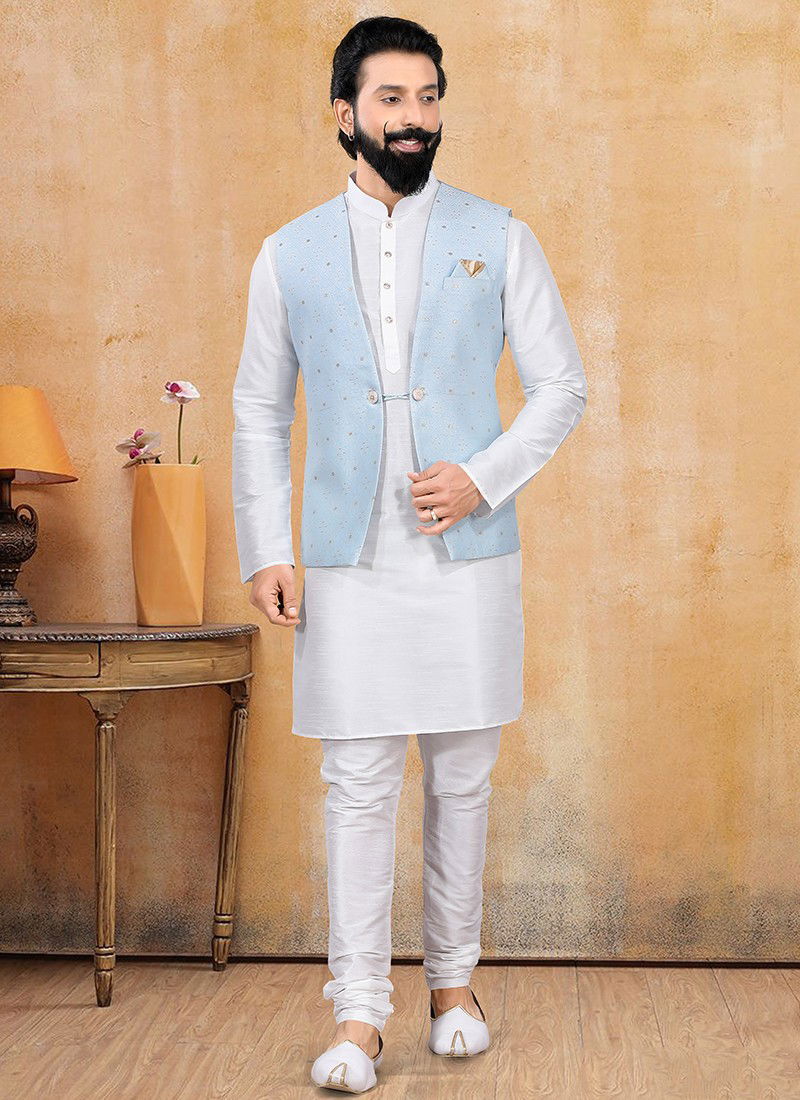 Blue Designer Wedding Wear Kurta Pajama With Jacket Collection 1342